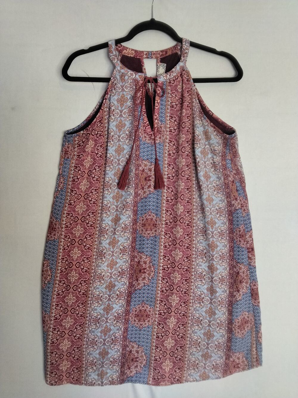 Boho Shift Dress Sz L Pink Blue Mandala Patchwork Pattern Tassels Keyhole Back